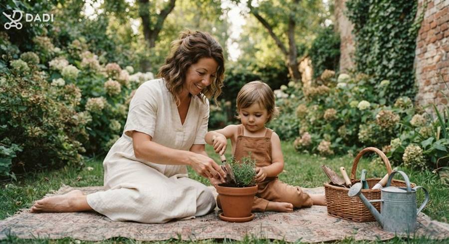 Mama z dzieckiem siedzą na kocu w ogrodzie i wspólnie sadzą roślinę w doniczce w stylu Scena w stylu slow parenting pełna spokoju i bliskości.